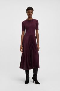 Mixed-material dress with plissé skirt, Dark Purple