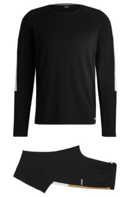 Cotton-blend pyjamas with contrast inserts, Black