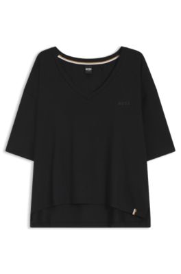 リラックスフィット VネックTシャツ ストレッチジャージー, ブラック
