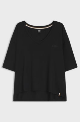 T-shirt relaxed fit con scollo a V in jersey elasticizzato, Nero