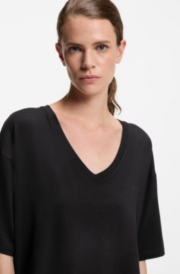 リラックスフィット VネックTシャツ ストレッチジャージー, ブラック