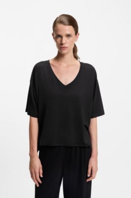 リラックスフィット VネックTシャツ ストレッチジャージー, ブラック