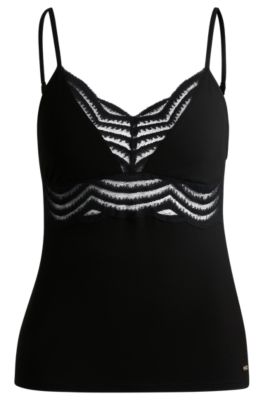 Lace-trim pyjama vest in stretch fabric, Black