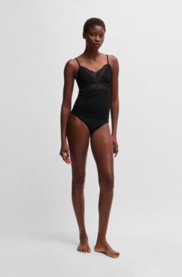 Lace-trim pyjama vest in stretch fabric, Black