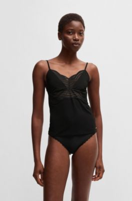 Lace-trim pyjama vest in stretch fabric, Black