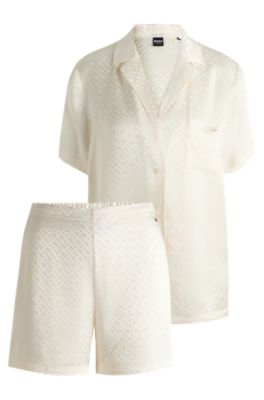 Short pyjamas in satin with monogram jacquard, White Patterned