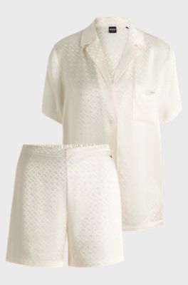 Short pyjamas in satin with monogram jacquard, White Patterned