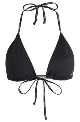 Triangle bikini top with contrast logo straps, Black