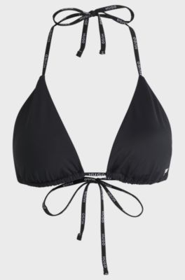 Triangle bikini top with contrast logo straps, Black