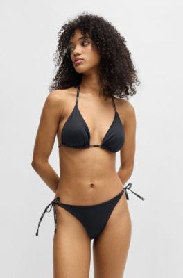 Triangle bikini top with contrast logo straps, Black