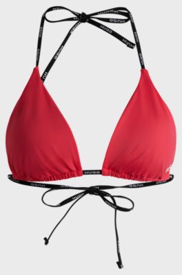 Triangle bikini top with contrast logo straps, Red