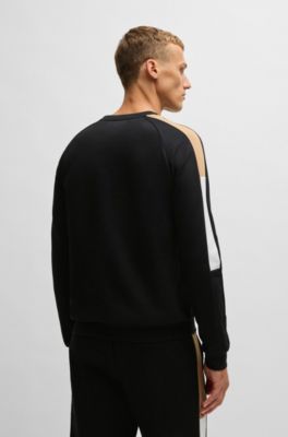 Sweat Regular en molleton de coton avec empi&egrave;cements contrastants, Noir