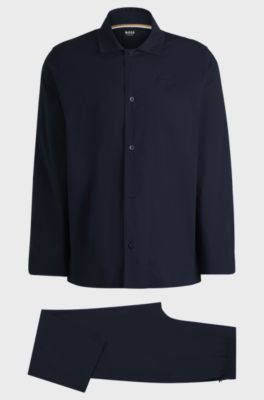 Two-piece poplin pyjama set with embroidered branding, Dark Blue