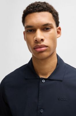 Two-piece poplin pyjama set with embroidered branding, Dark Blue