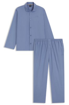Two-piece poplin pyjama set with embroidered branding, Blue