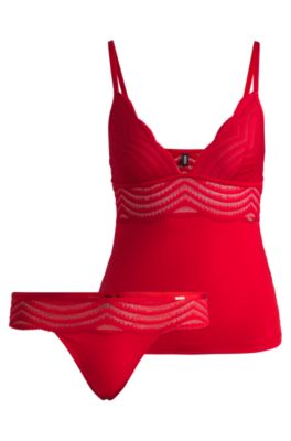 Gift-boxed lace-trim underwear set with logo charms, Red