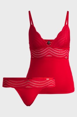 Gift-boxed lace-trim underwear set with logo charms, Red