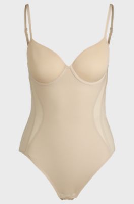 Fixed-cup stretch bodysuit with mesh inserts, Light Beige