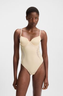 Fixed-cup stretch bodysuit with mesh inserts, Light Beige