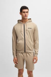 Sweat à capuche zippé en molleton de coton avec logo imprimé, Beige clair