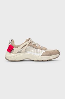 Mixed-material trainers with decorative reflective effects, Beige