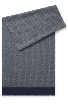 Italian-made scarf in printed wool, Blue Patterned