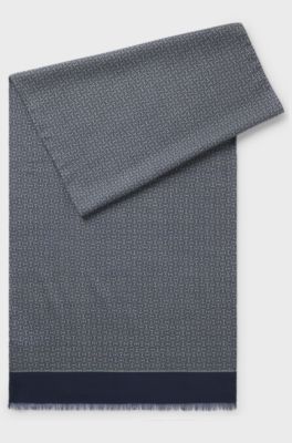 Italian-made scarf in printed wool, Blue Patterned