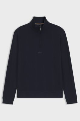 Zip-neck sweater in a waffle-structured cotton blend, Dark Blue