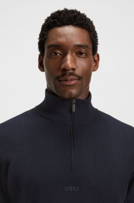 Zip-neck sweater in a waffle-structured cotton blend, Dark Blue