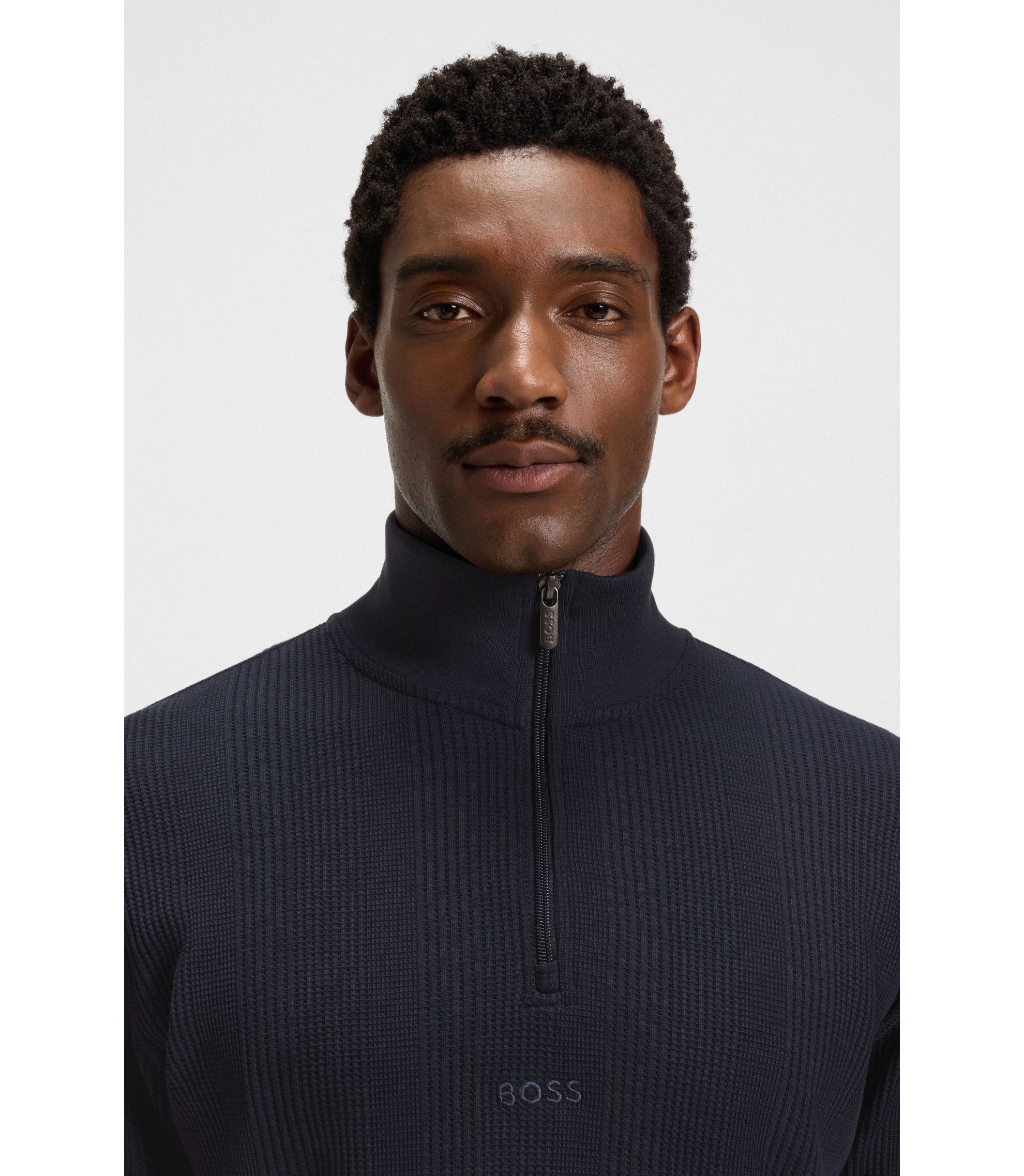 BOSS - Zip-neck sweater in a waffle-structured cotton blend - Dark