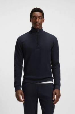 Zip-neck sweater in a waffle-structured cotton blend, Dark Blue
