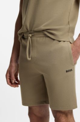 Cotton-blend pyjama shorts with embroidered logo, Light Brown