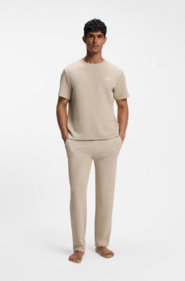Cotton-blend pyjama T-shirt with embroidered logo, Light Beige
