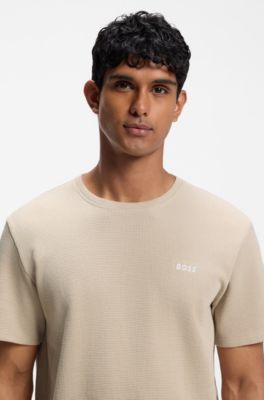 Cotton-blend pyjama T-shirt with embroidered logo, Light Beige