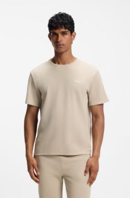 Cotton-blend pyjama T-shirt with embroidered logo, Light Beige