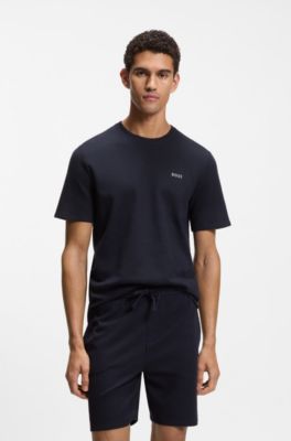 Cotton-blend pyjama T-shirt with embroidered logo, Dark Blue