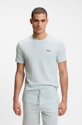 Cotton-blend pyjama T-shirt with embroidered logo, Light Blue