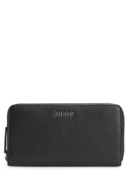 Faux-leather wallet with embossed grain, Black