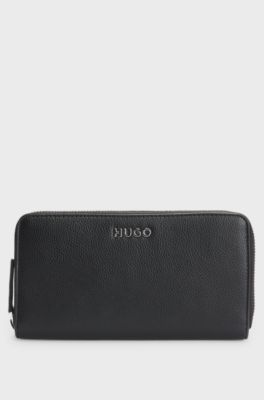Faux-leather wallet with embossed grain, Black