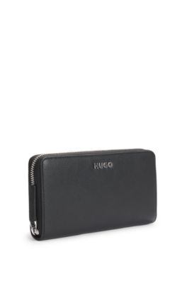 Faux-leather wallet with embossed grain, Black