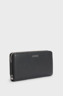 Faux-leather wallet with embossed grain, Black