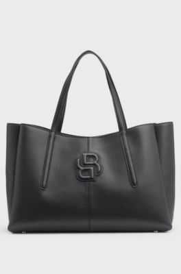 Grained faux-leather tote bag with Double B monogram, Black