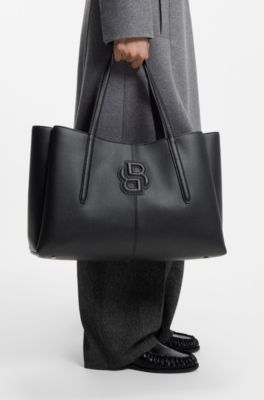 Grained faux-leather tote bag with Double B monogram, Black