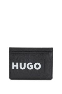 Grained-leather card holder with contrast logo, Black