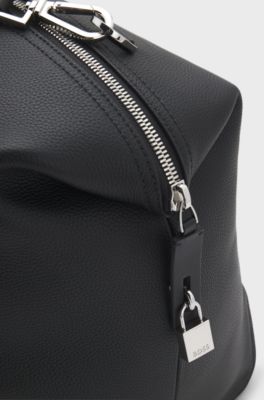 Grained-leather holdall with detachable metal padlock, Black