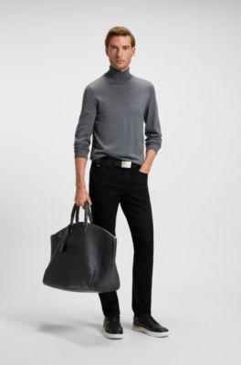 Grained-leather holdall with detachable metal padlock, Black