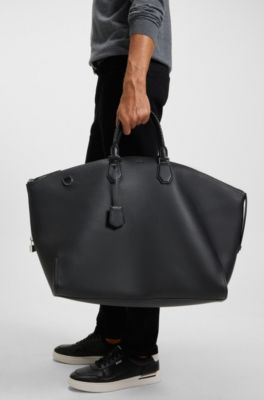 Grained-leather holdall with detachable metal padlock, Black