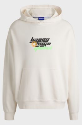 Regular-fit cotton-terry hoodie with Happy HUGO logo, Natural