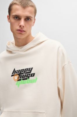 Regular-fit cotton-terry hoodie with Happy HUGO logo, Natural