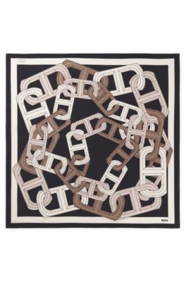 Italian-made scarf in printed silk twill, Brown Patterned